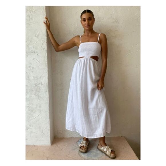 Faithfull the Brand Linen Smocked Tayari Midi Beachy Dress Women's 8 White NWT - Picture 1 of 16